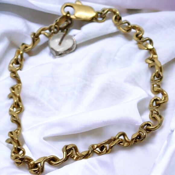 24K GFL Chain Link Bracelet Dainty Vintage Links with Glass Heart Charm 7" Long - Picture 2 of 16